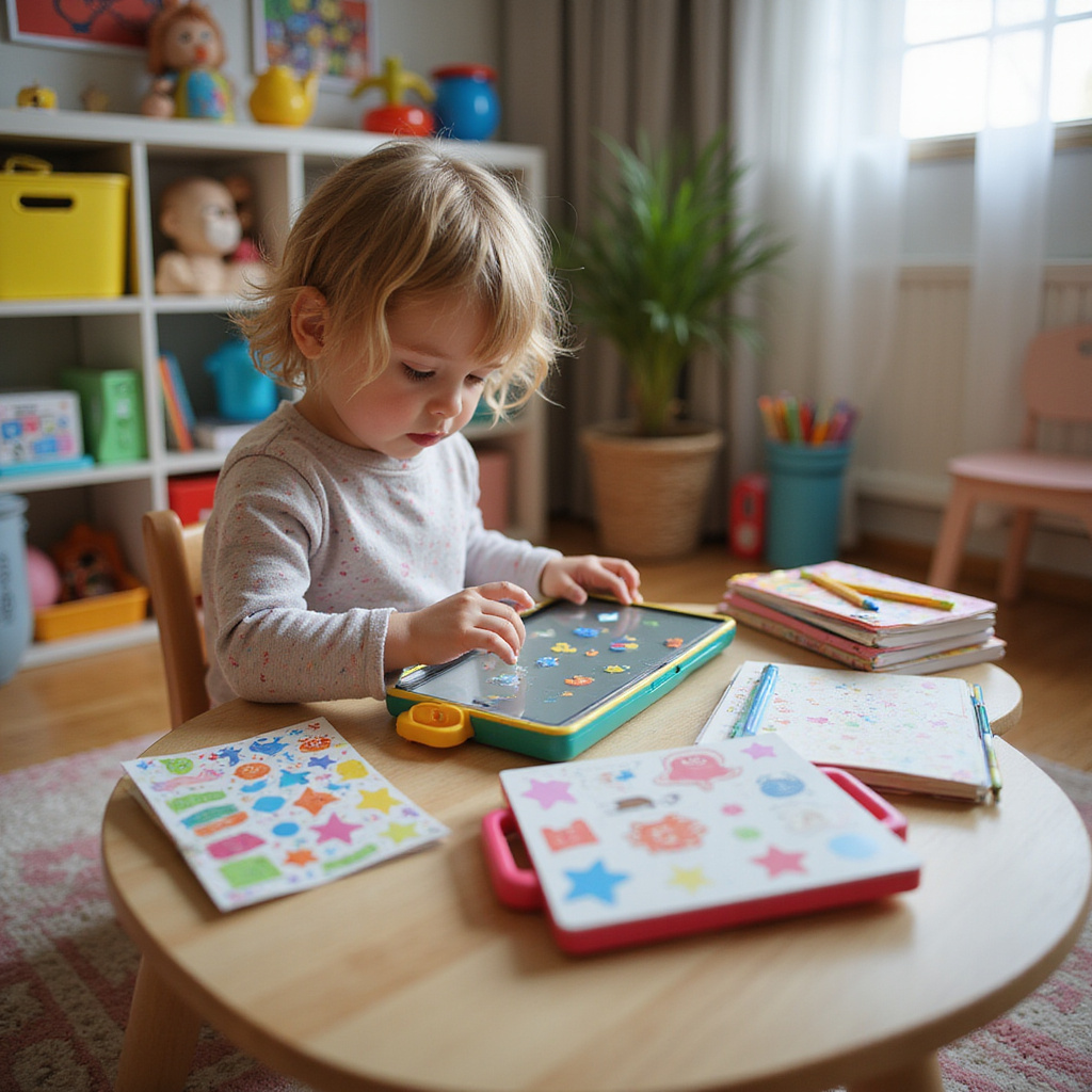 Dziecko korzystające ze Stickerbox, tworzące kolorowe naklejki za pomocą głosowych komend, z uśmiechem na twarzy.