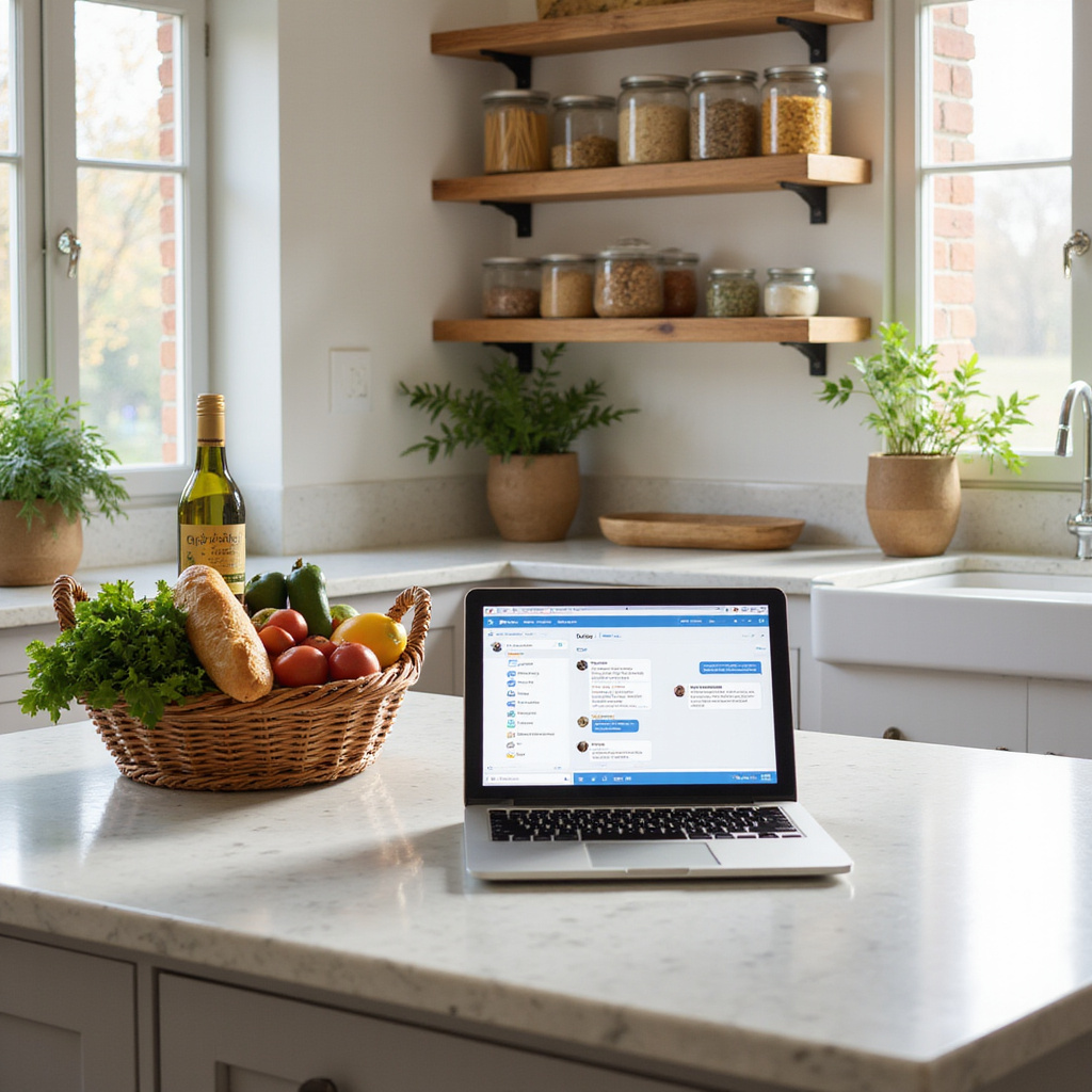 Kobieta używa smartfona do zamawiania zakupów spożywczych przez interfejs ChatGPT, podczas gdy na ekranie widać listę produktów i opcję płatności