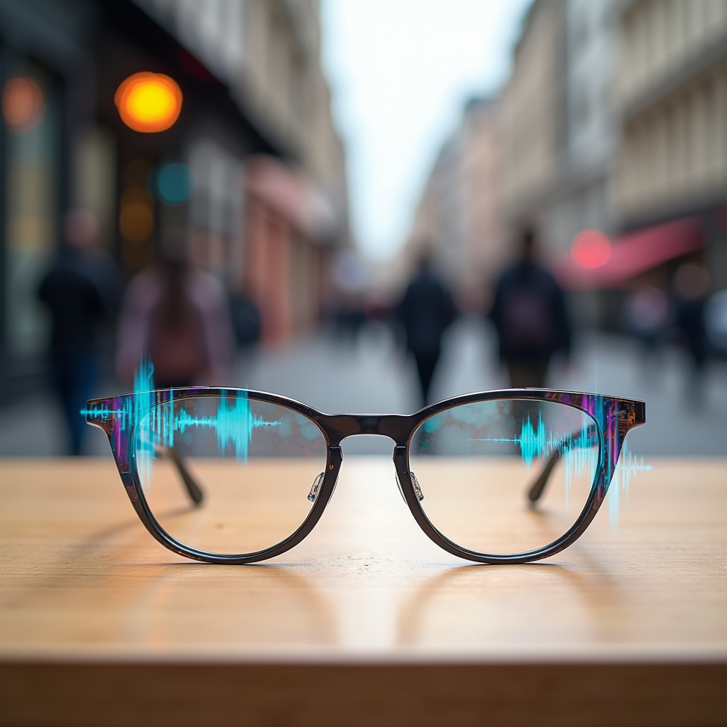 Mężczyzna w inteligentnych okularach Meta prowadzi rozmowę w zatłoczonej kawiarni, korzystając z funkcji wzmocnienia głosu rozmówcy.