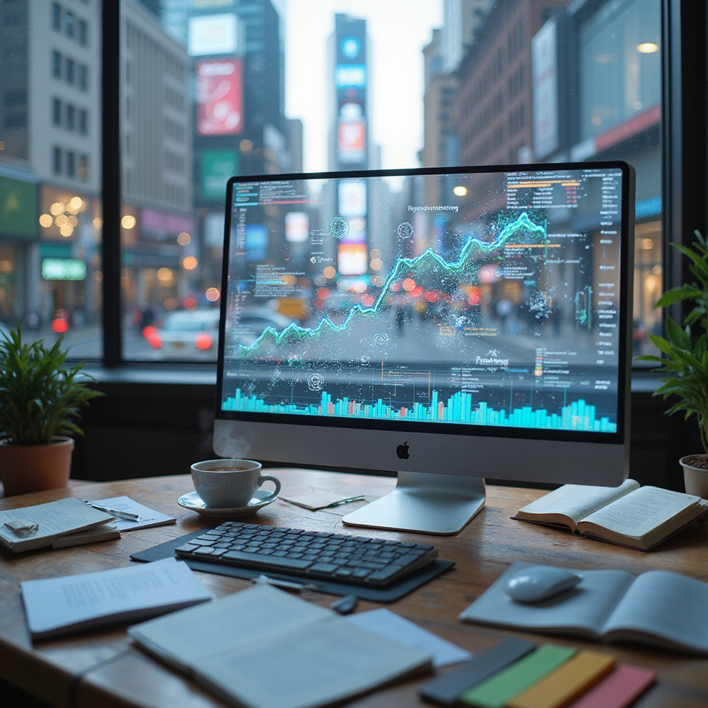 Grupa specjalistów analizująca dane marketingowe na ekranie komputera, podczas gdy AI generuje spersonalizowane rekomendacje dla klientów.