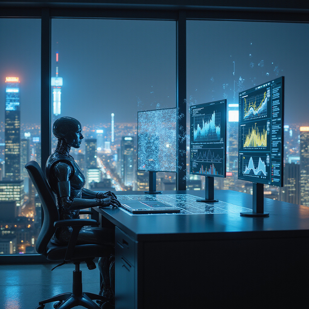 Alt-text: Wizualizacja sztucznej inteligencji symulującej zachowania użytkowników w badaniach rynkowych, z wykresami i danymi w tle.