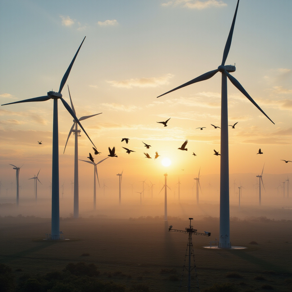 alt-text: Kamera monitorująca przelatujące ptaki obok turbiny wiatrowej, z widocznym interfejsem oprogramowania Spoor identyfikującego gatunki