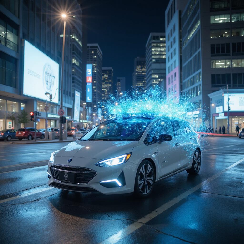 Autonomiczna taksówka Waymo z ekranem dotykowym, na którym wyświetla się interfejs asystenta AI Gemini, gotowego odpowiedzieć na pytania pasażera.