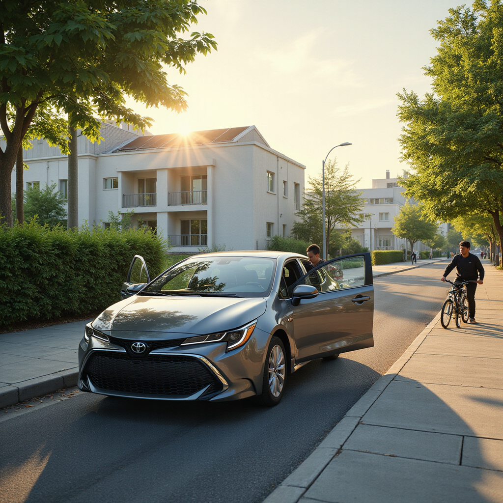 Alt-text: Futuristic cityscape with flying cars and robots, symbolizing technological advancements in 2050. ```